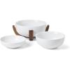 image:imageOneida Serveware 24 Seven 3Piece Nesting Bowl Set With Wood Stand Porcelain Material Wooden Stand Home And Kitchen Dishwasher And Microwave Safe Serving Bowls Salad Bowl White 4 Pieces