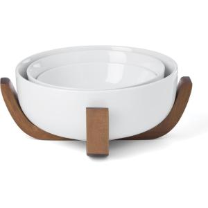 image:imageOneida Serveware 24 Seven 3Piece Nesting Bowl Set With Wood Stand Porcelain Material Wooden Stand Home And Kitchen Dishwasher And Microwave Safe Serving Bowls Salad Bowl White 4 Pieces