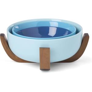 image:imageOneida Serveware 24 Seven Colors 3Piece Nesting Bowl Set With Wood Stand Porcelain Material Wooden Stand Dishwasher And Microwave Safe Serving Bowls Salad Bowl Pasta Bowls Turquoise 4 Pieces