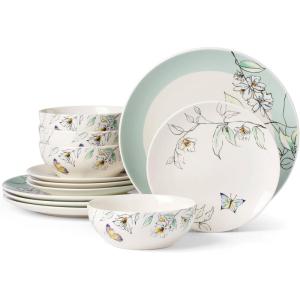image:imageOneida Dinnerware Set Botanica 12Piece Dinnerware Set Service For 4 Porcelain Material Dishwasher And Microwave Safe Bowls Plates And Bowls Dinner Dishes Plates Home Green 12 Piece