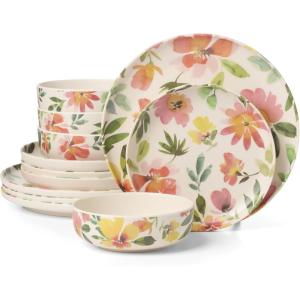 image:imageOneida Dinnerware Sets 24 Seven Melamine Floral 12Piece Dinnerware Set Service For 4 Dishes Set for 4 Floral Melamine Dishwasher Safe Plates and Bowls Sets Kitchen and Dining Ivory 12 Piece
