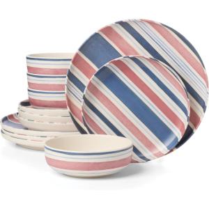 image:imageOneida Dinnerware Sets 24 Seven Melamine Stripe 12Piece Dinnerware Set Set for 4 Service For 4 Melamine Material Dishwasher Safe Plates And Bowls Dinner Dishes Kitchen Stripe 12 Piece