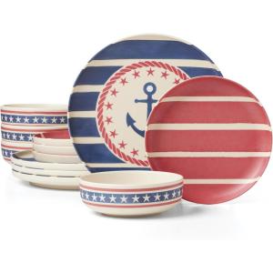 image:imageOneida Dinnerware Sets 24 Seven Melamine Wharfside 12Piece Dinnerware Set Service For 4 Melamine Material Dishwasher Safe Plates And Bowls Dinner Dishes Kitchen And DiningAssorted 12 PieceAweigh We Go